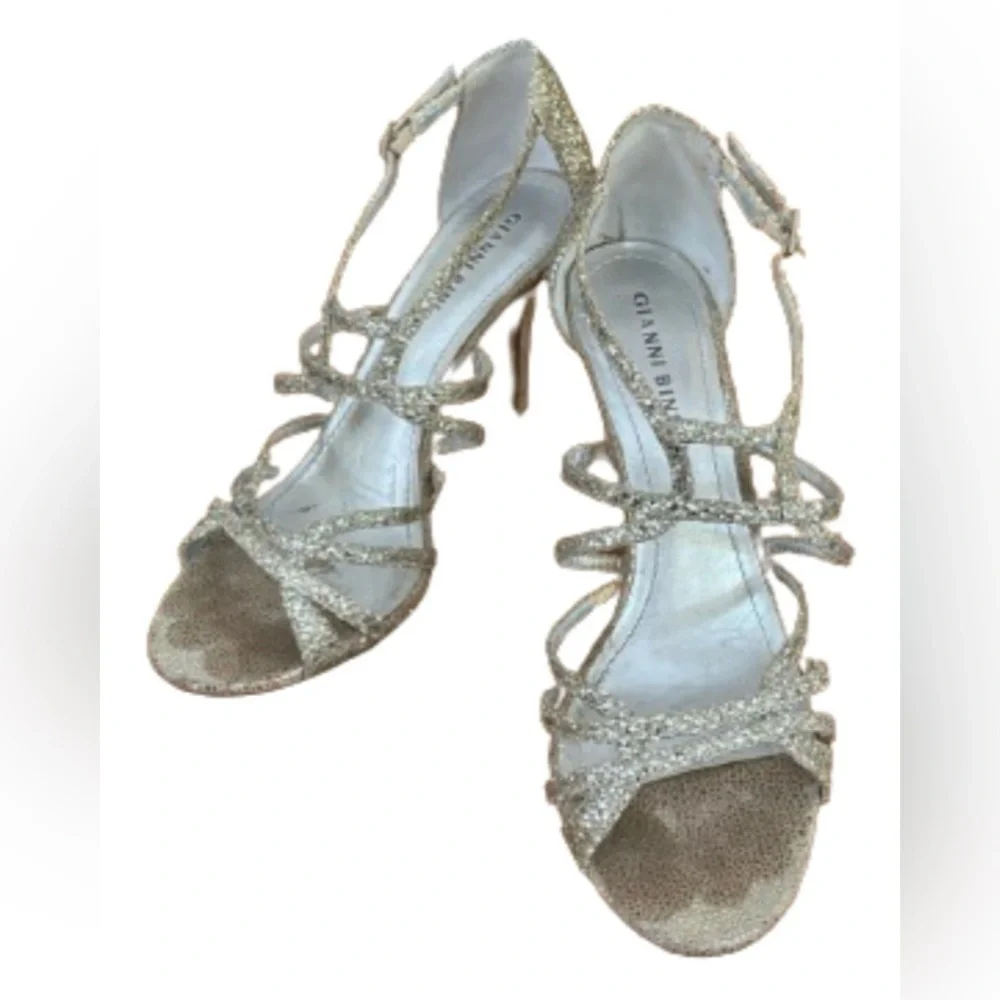 Gianni Bini gold glitter strappy 4” stiletto heels w bckl SZ 8 wedding prom